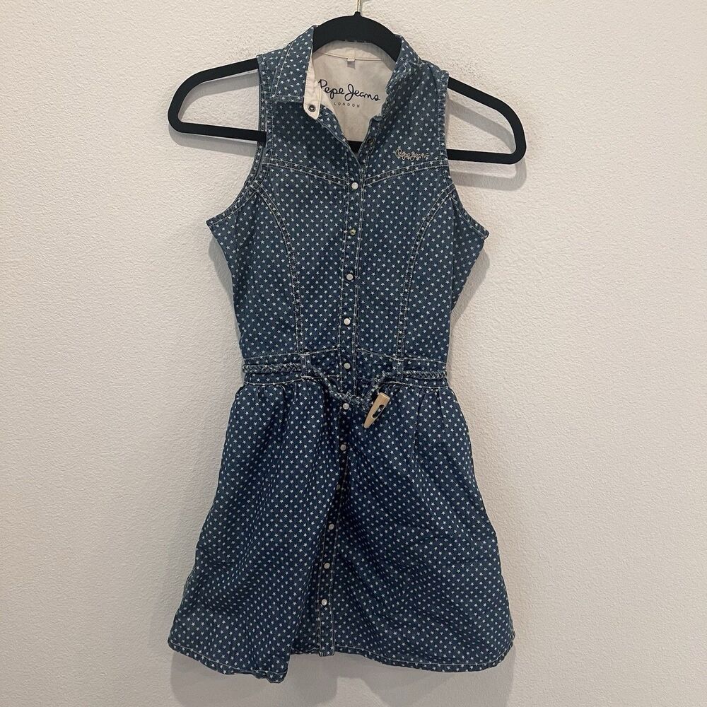 Pepe Jeans Denim Shirt Belted Mini Dress Stars Print XS Western Rodeo Festival